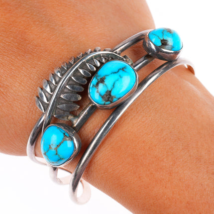 6.3" vintage Native American sterling silver turquoise feather cuff bracelet
