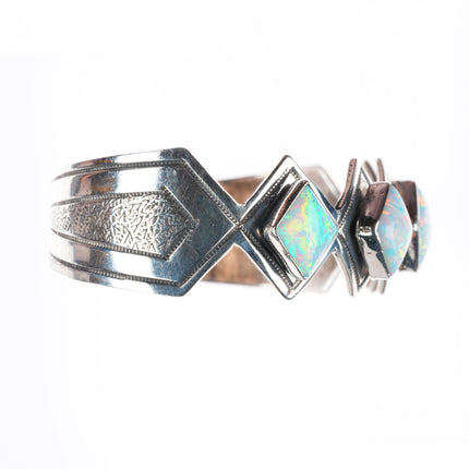 7" Vintage Navajo sterling silver lab opal row cuff bracelet Running Bear Shop