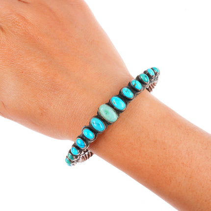 7.25" 1920's-30's Navajo turquoise row cuff bracelet sterling silver braided