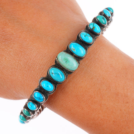 7.25" 1920's-30's Navajo turquoise row cuff bracelet sterling silver braided