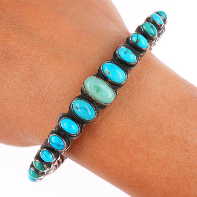 7.25" 1920's-30's Navajo turquoise row cuff bracelet sterling silver braided
