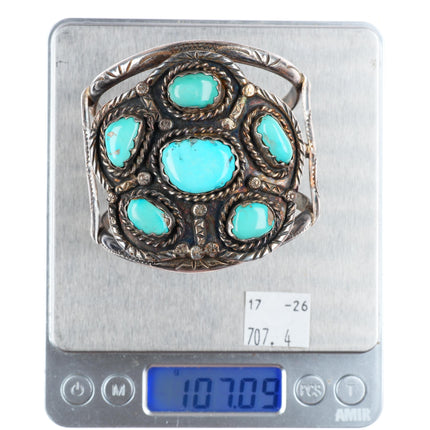 6.3" Big Vintage Navajo sterling silver cuff bracelet with nice turquoise