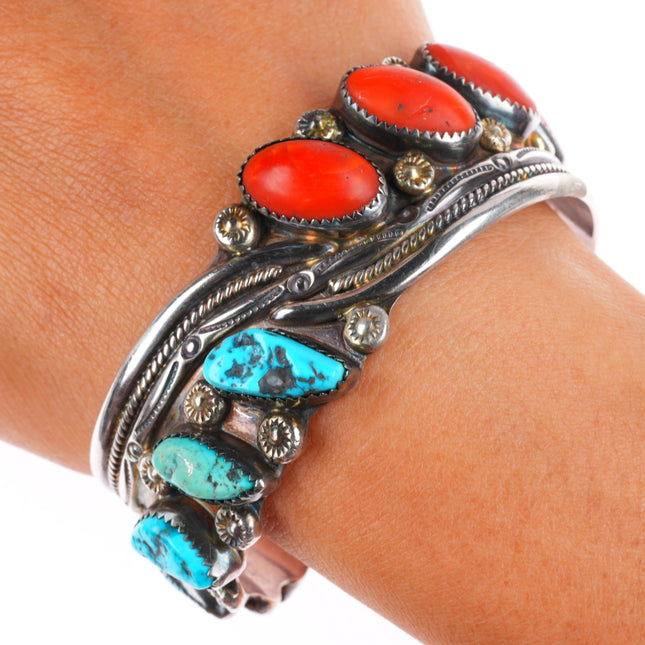 6.75" Vintage David Tune Navajo sterling silver turquoise - Coral cuff bracelet