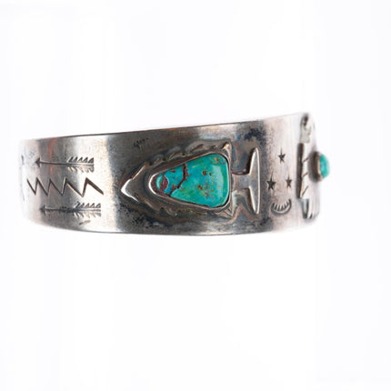 6.5" c1940 Fred Harvey era  sterling silver thunderbird/arrowheads cuff bracelet