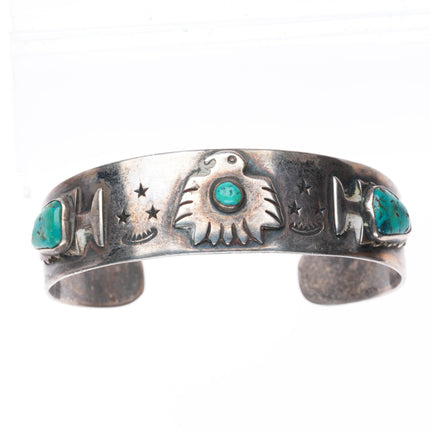 6.5" c1940 Fred Harvey era  sterling silver thunderbird/arrowheads cuff bracelet