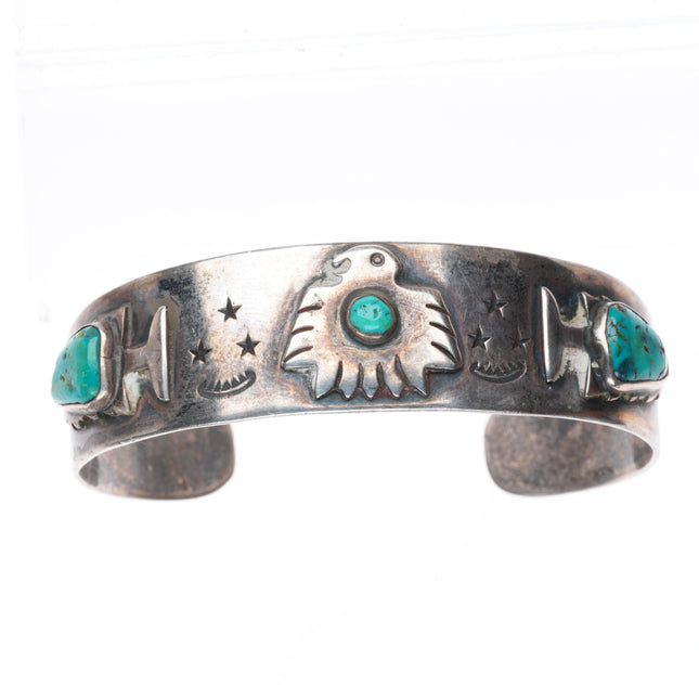 6.5" c1940 Fred Harvey era  sterling silver thunderbird/arrowheads cuff bracelet