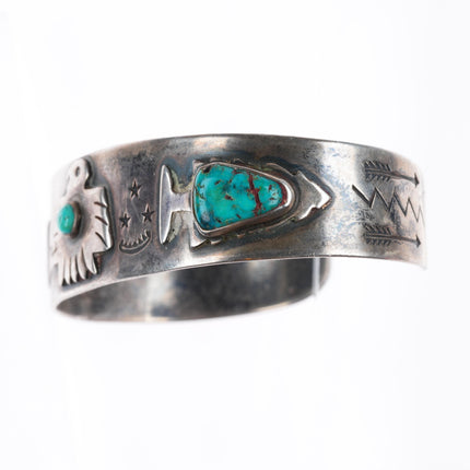6.5" c1940 Fred Harvey era  sterling silver thunderbird/arrowheads cuff bracelet