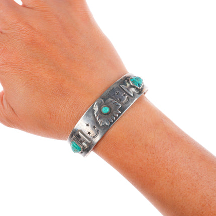 6.5" c1940 Fred Harvey era  sterling silver thunderbird/arrowheads cuff bracelet