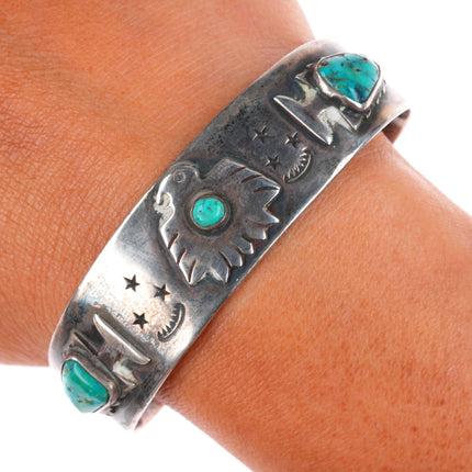 6.5" c1940 Fred Harvey era  sterling silver thunderbird/arrowheads cuff bracelet