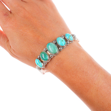 7" 20's-30's vintage Navajo ingot silver stamped turquoise row cuff bracelet