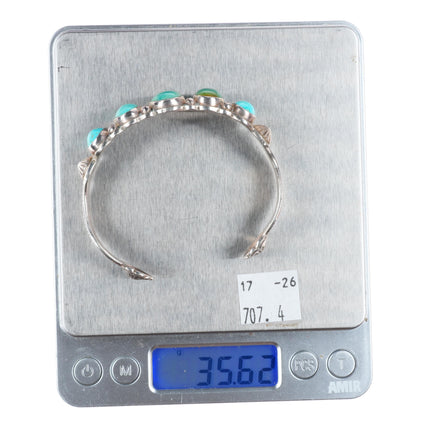 7" 20's-30's vintage Navajo ingot silver stamped turquoise row cuff bracelet