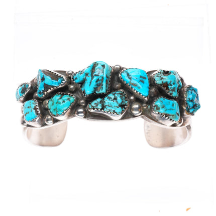 6.6" Heavy vintage Navajo sterling silver turquoise nugget cluster cuff bracelet