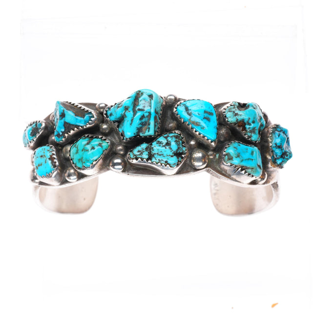 6.6" Heavy vintage Navajo sterling silver turquoise nugget cluster cuff bracelet