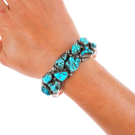 6.6" Heavy vintage Navajo sterling silver turquoise nugget cluster cuff bracelet