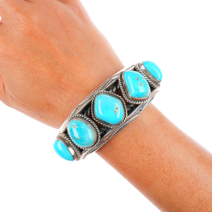 7.1" Vintage Jessie Claw Navajo sterling silver turquoise row cuff bracelet