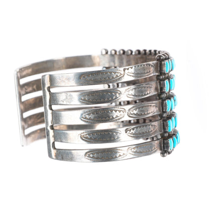 7.1" 1940's Zuni 5 stack square cut turquoise row sterling silver cuff bracelet