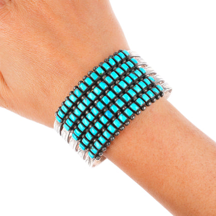 7.1" 1940's Zuni 5 stack square cut turquoise row sterling silver cuff bracelet