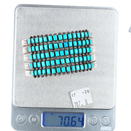 7.1" 1940's Zuni 5 stack square cut turquoise row sterling silver cuff bracelet