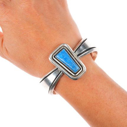 6.4" vintage Southwestern modernist sterling silver denim lapis cuff bracelet