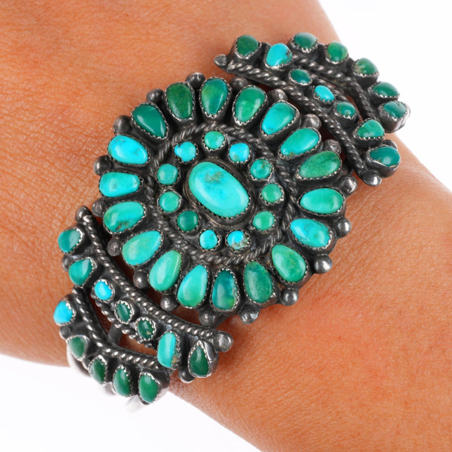 6.1" c1930-40's Zuni sterling silver turquoise cluster cuff bracelet