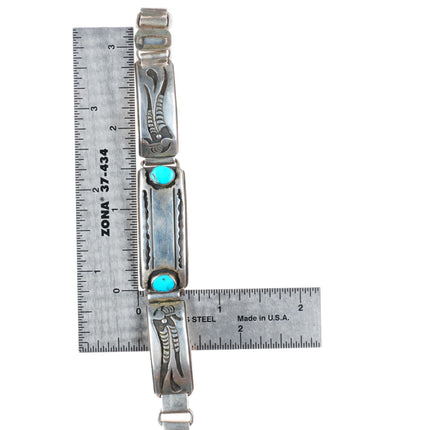 7" Allen Pooyouma Hopi overlay link bracelet with turquoise sterling silver
