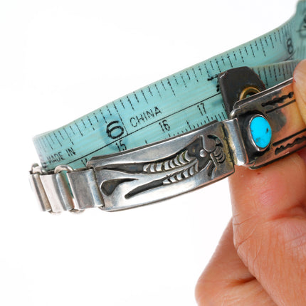 7" Allen Pooyouma Hopi overlay link bracelet with turquoise sterling silver