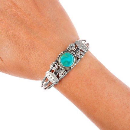 6.3" Antique Navajo c1920's Ingot silver cuff bracelet with turquoise