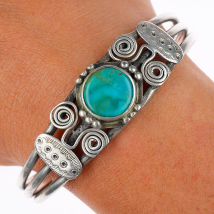 6.3" Antique Navajo c1920's Ingot silver cuff bracelet with turquoise
