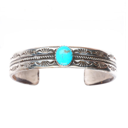 7" vintage Navajo sterling silver turquoise heavily stamped cuff bracelet