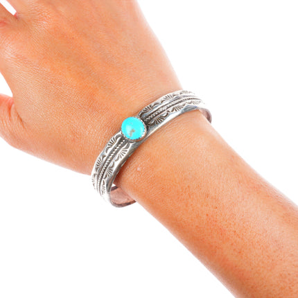 7" vintage Navajo sterling silver turquoise heavily stamped cuff bracelet