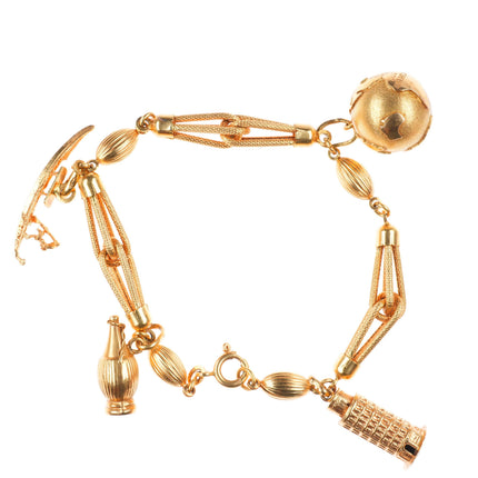 7.5" Vintage 18k Yellow Gold Leaning tower of Pisa, Amphora, charm bracelet