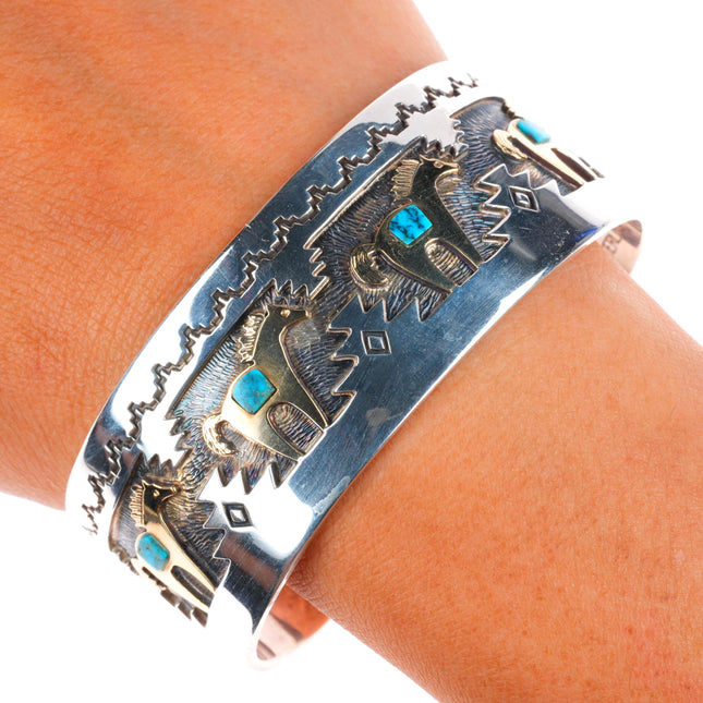 7" Dina Huntinghorse 14k sterling silver turquoise Native American cuff bracelet