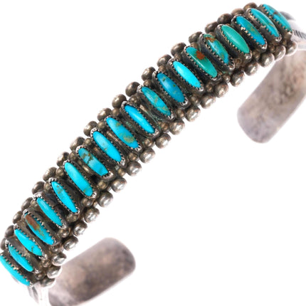 6.3" 1940's Zuni Blue Gem Turquoise sterling silver needlepoint cuff bracelet