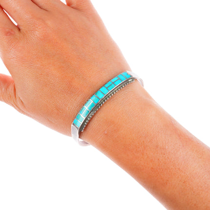 6.75" vintage Zuni sterling silver high grade turquoise inlay cuff bracelet