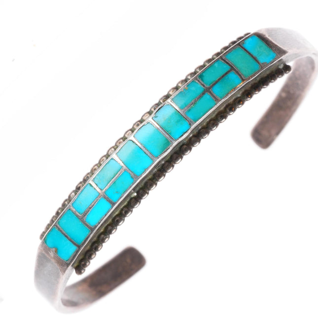 6.75" vintage Zuni sterling silver high grade turquoise inlay cuff bracelet