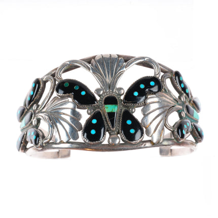 6.8" Leekela Zuni sterling silver Butterfly inlay cuff bracelet-ring-earring-pin