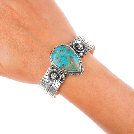 6.6"  Joe Tom Navajo sterling silver turquoise cuff bracelet