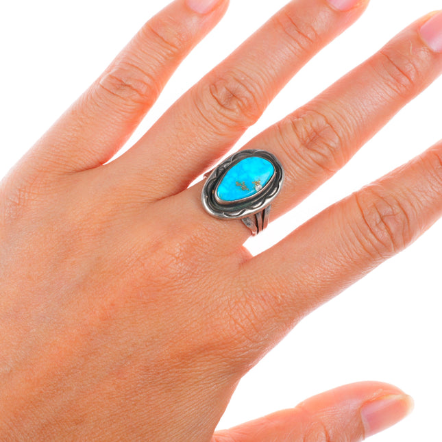 sz7.25 vintage Navajo sterling silver deep stamped waterweb turquoise ring