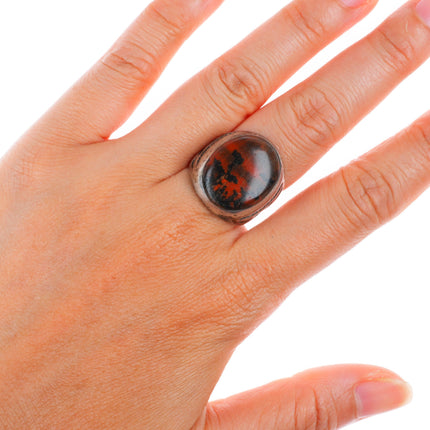 sz8.5 c1940's Navajo sterling silver petrified wood deep stamped sides ring