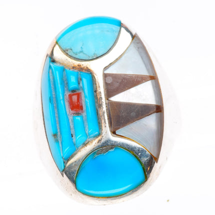 sz11 Big vintage Native American sterling silver cobblestone/intarsia inlay ring