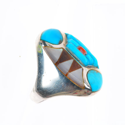 sz11 Big vintage Native American sterling silver cobblestone/intarsia inlay ring