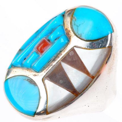 sz11 Big vintage Native American sterling silver cobblestone/intarsia inlay ring