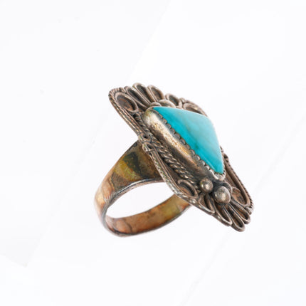 sz6.5 Vintage Navajo Blue Gem turquoise ornate face sterling silver ring