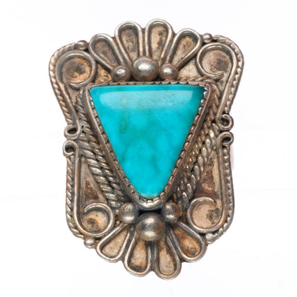 sz6.5 Vintage Navajo Blue Gem turquoise ornate face sterling silver ring