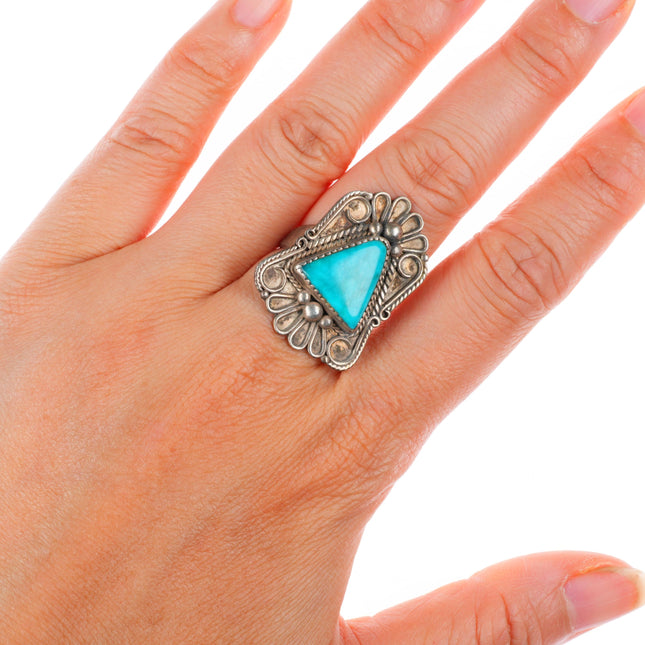 sz6.5 Vintage Navajo Blue Gem turquoise ornate face sterling silver ring