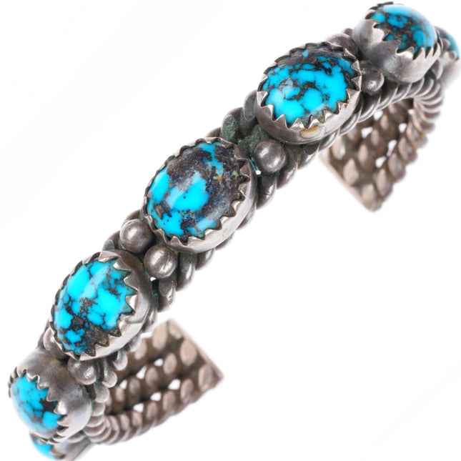 6.2" c1950 vintage Navajo high grade turquoise row sterling silver cuff bracelet