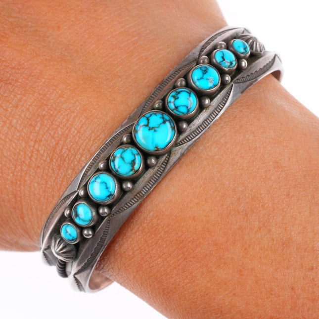 6.25" c1940 Vintage Navajo sterling silver spiderweb turquoise row cuff bracelet