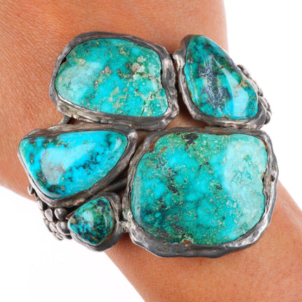 6.5" Big vintage Navajo sterling silver turquoise bear paw form cuff bracelet