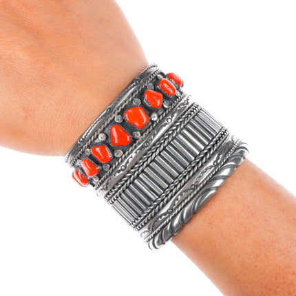 6.5" Carl Quintana Navajo sterling silver wide band coral row cuff bracelet