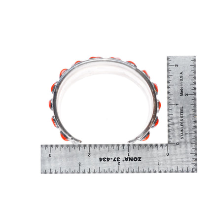 6.5" Carl Quintana Navajo sterling silver wide band coral row cuff bracelet